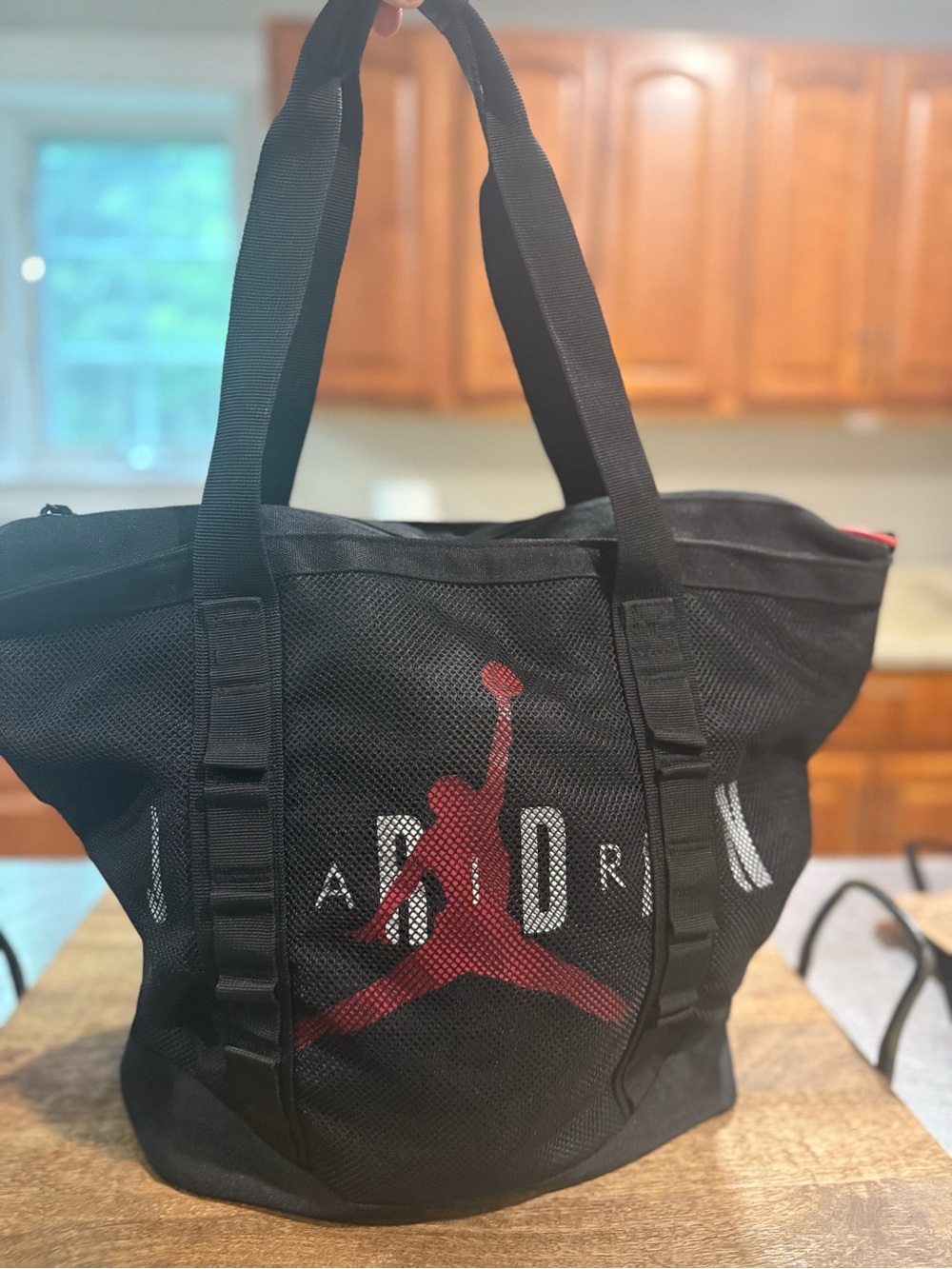 Air Jordan Black Mesh Duffel Tote with Red Accents